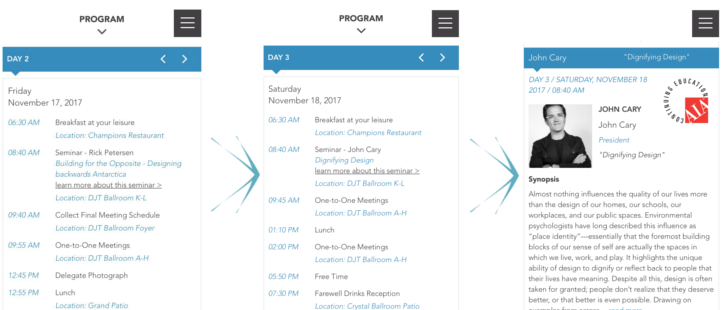 The illustrated WordPress website uses a bespoke plugin to schedule the itinerary of a business forum.